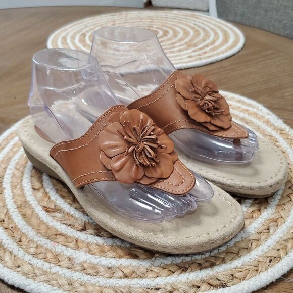 Croft & Barrow Sole Sense-ability Tan Leather Flower Sandals  Boho Hippie,size 7 - Picture 1 of 10
